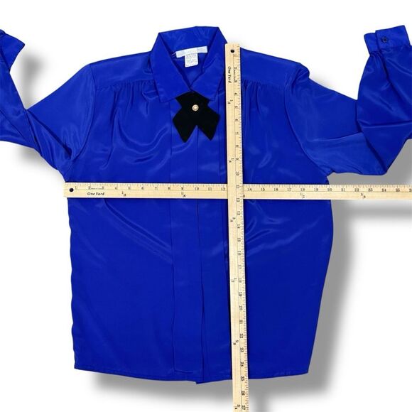 Vintage 80s Design Elements Pleated Removable Neck Bow Blouse Blue 10 - Picture 12 of 13